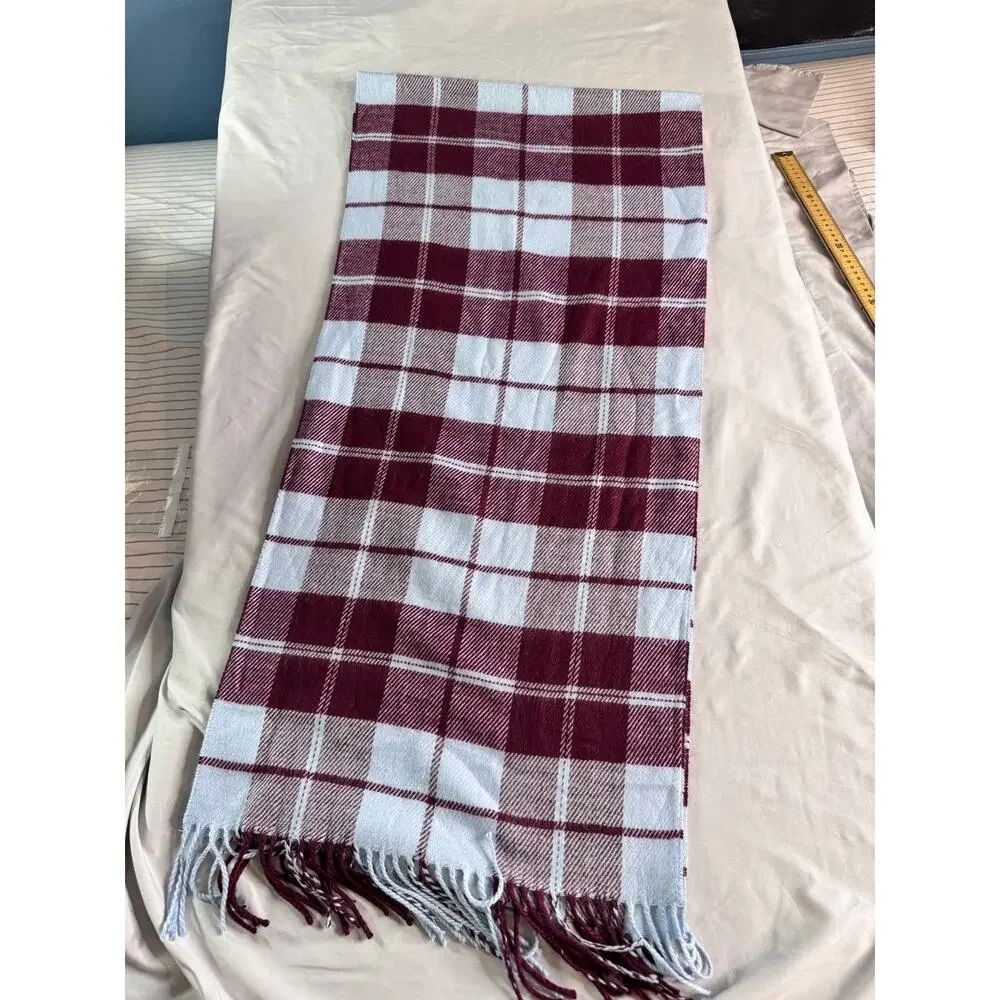 Lands’ End CashTouch Plaid Scarf Burgundy Light Blue Fringe Soft Winter Unisex